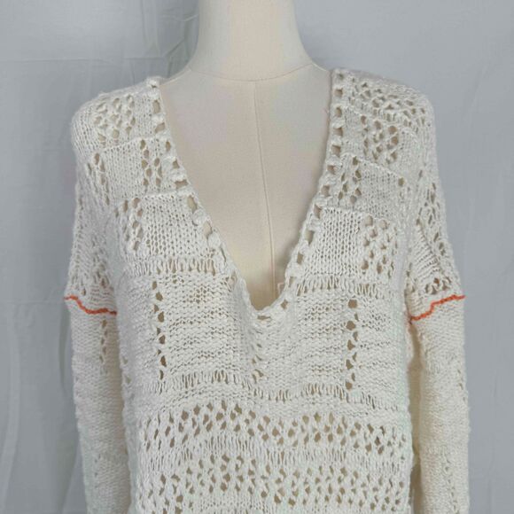 Free People White Sweater Crochet Chunky Knit Oversized Cottagecore Boho Hippie - Picture 3 of 16